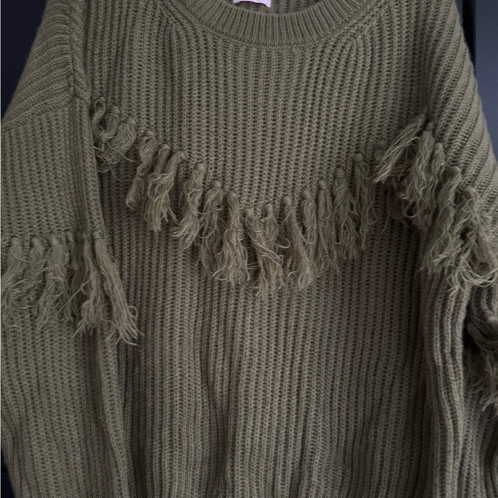 Green Ribbed Crew Neck with Fringe Detail - Picture 1 of 2